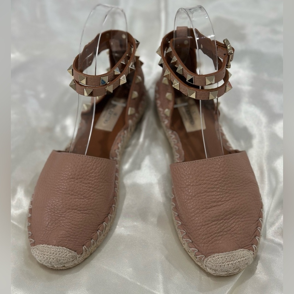 Valentino Garavani Rockstud Espadrille Sandals Leather Wrap Ankle Poudre Pink 35 - Picture 3 of 12